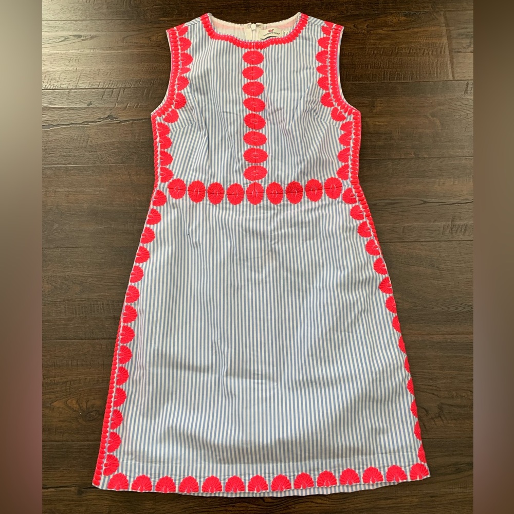 Blue and White Pinstriped Pink Embroidered Vineyard Vines Dress
